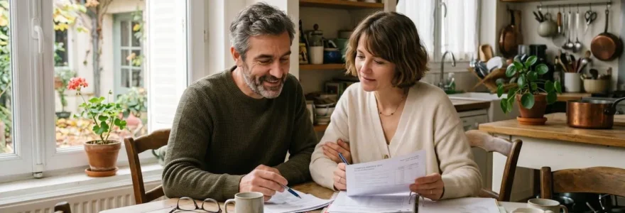 Un couple autour de la quarantaine consulte des documents d'épargne retraite à leur table de cuisine, expression sérieuse mais sereine