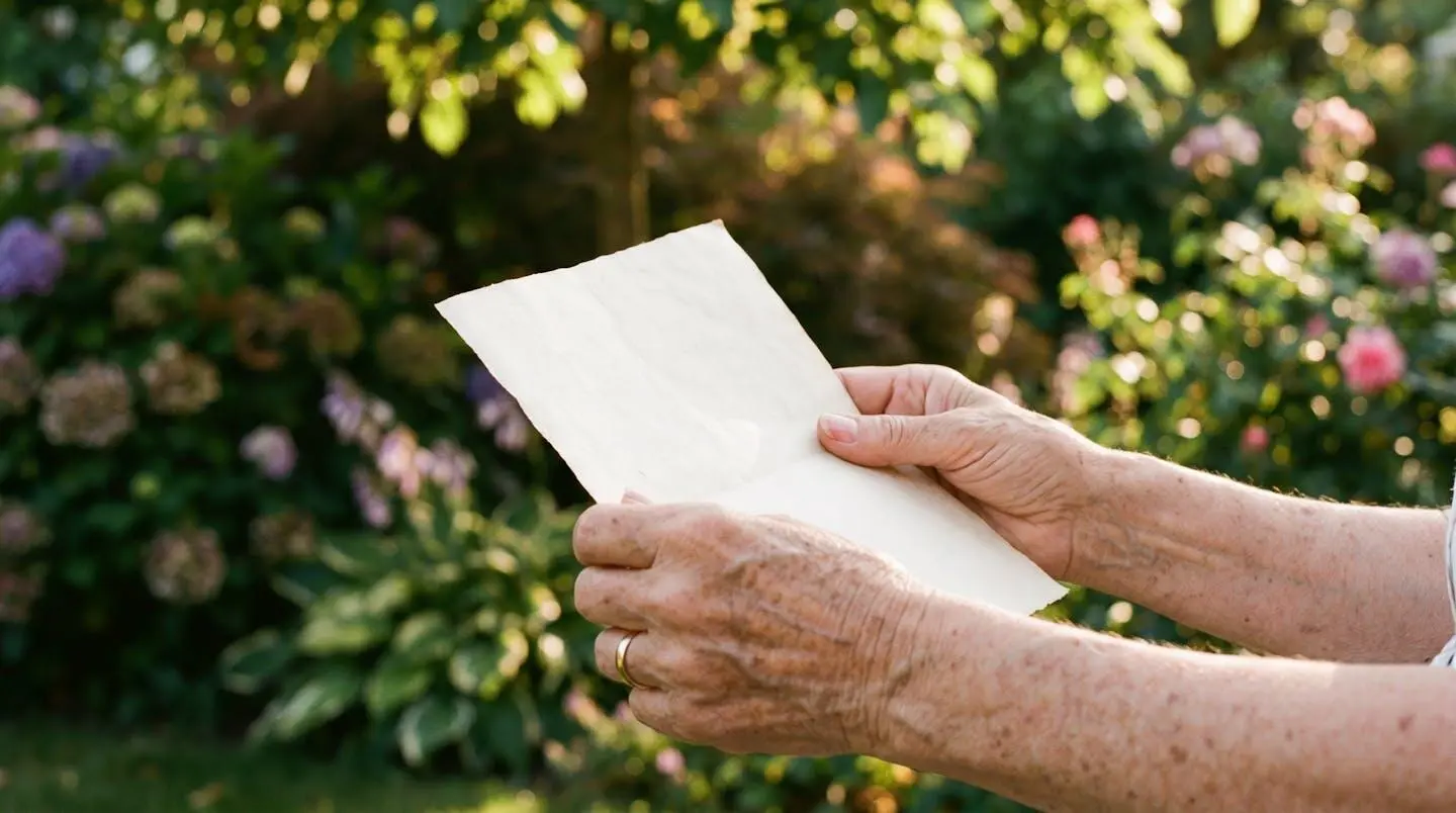 Des mains de personnes retraitées tenant un document administratif dans un jardin ensoleillé, symbolisant la sérénité financière à la retraite