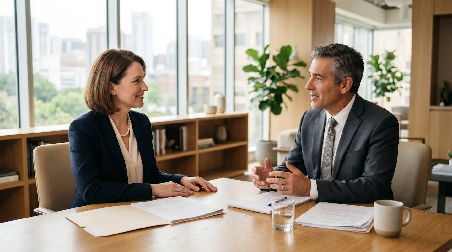 Une personne en tenue professionnelle discute de son épargne retraite avec un conseiller dans un bureau moderne et lumineux